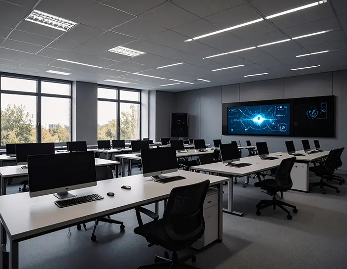 Aula scolastica moderna con lavagna digitale, computer e dispositivi tecnologici per una scuola interattiva e digitale