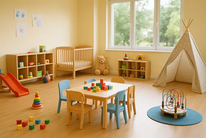 Interno luminoso di un asilo nido con giochi educativi e arredi in legno, ideale per concorso educatori 2025